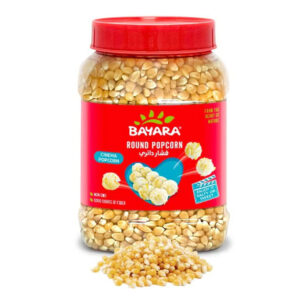 A large 830g clear round jar of Bayara Round Popcorn with a red lid showing golden corn kernels.