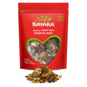 A 200g red resealable bag of Bayara Premium Mix Energy showing almonds, walnuts, and raisins through a heart-shaped window.