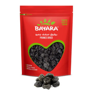 A 1Kg red resealable pouch of Bayara Prunes Dried showing dark, plump dried plums through a heart-shaped window.