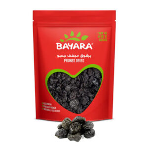 A red 200g resealable pouch of Bayara Prunes Dried Jumbo with a heart-shaped window showing dark, plump prunes.