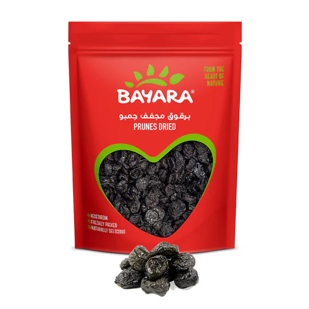 Prunes Dried Jumbo 200g A red 200g resealable pouch of Bayara Prunes Dried Jumbo with a heart-shaped window showing dark, plump prunes.