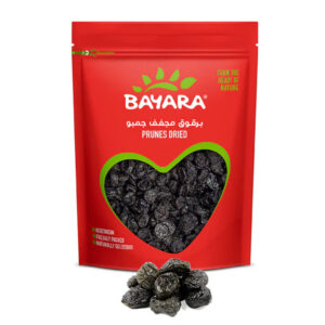 A 400g red resealable bag of Bayara Prunes Dried Jumbo showing dark, plump fruit through a heart-shaped window.