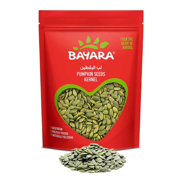 Pumpkin Seeds Kernel 200g A red 200g stand-up pouch of Bayara Pumpkin Seeds Kernel with a heart-shaped window showing green seeds.