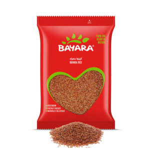 A red 400g pack of Bayara Quinoa Red with a heart-shaped window showing the small red grains.
