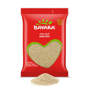 A red 400g pouch of Bayara White Quinoa with a heart-shaped window showing small white grains