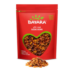 A 400g red bag of Bayara Raisins Brown showing plump dried grapes through a heart-shaped window.
