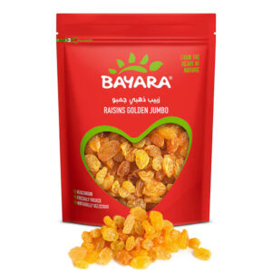 A 400g red resealable pouch of Bayara Raisins Golden Jumbo showing large golden raisins through a heart-shaped window.