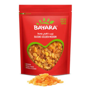 A red 200g resealable bag of Bayara Raisins Golden Medium with a heart-shaped window showing bright golden raisins.
