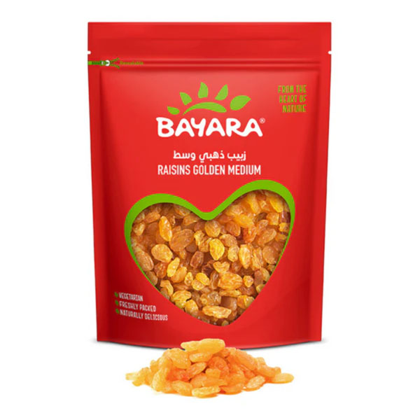 Raisins Golden Medium 200g A red 200g resealable bag of Bayara Raisins Golden Medium with a heart-shaped window showing bright golden raisins.
