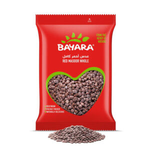 A 400g red pouch of Bayara Red Masoor Whole showing dark red whole lentils through a heart-shaped window.