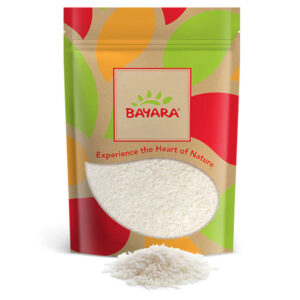 A 500g leafy-design resealable bag of Bayara Superior Basmati Rice showing long white grains through a clear window.