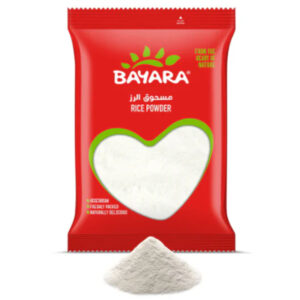 A 400g red pouch of Bayara Rice Powder showing fine white powder through a heart-shaped window.