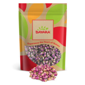 A 100g leafy-design resealable bag of Bayara Premium Rose Buds showing whole pink dried flowers through a clear window.