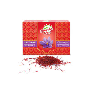 A 1g box of Bayara Saffron Premium featuring a red and gold pattern with a purple saffron flower and deep red threads.