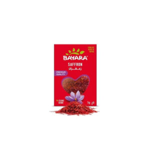 A 5g red box of Bayara Premium Saffron showing deep red saffron threads through a heart-shaped window.