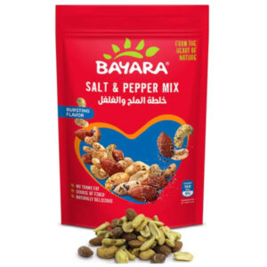 A red 200g pouch of Bayara Salt & Pepper Mix showing seasoned nuts with a "Bursting Flavor" label.