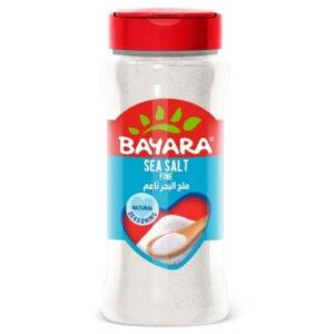 A 330ml shaker bottle of Bayara Sea Salt Fine showing pure white fine salt and a "Natural Seasoning" label.