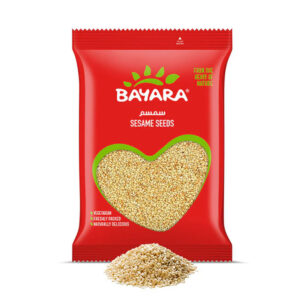 A red 200g pack of Bayara Sesame Seeds with a heart-shaped window showing clean, ivory-colored sesame seeds.