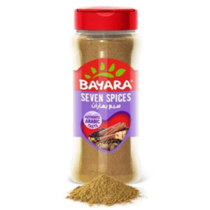 A clear 330ml shaker bottle of Bayara Seven Spices with a red lid and a purple label showing various whole spices.