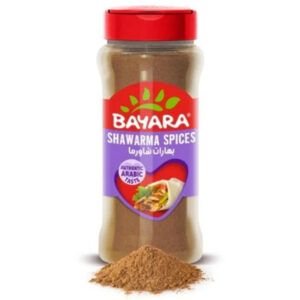 A 155g jumbo shaker bottle of Bayara Shawarma Spices showing a cooked shawarma wrap on the label.