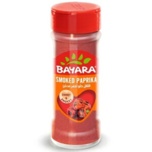 A 100ml shaker jar of Bayara Smoked Paprika showing the deep red ground spice and a "Sweet & Smokey" label.