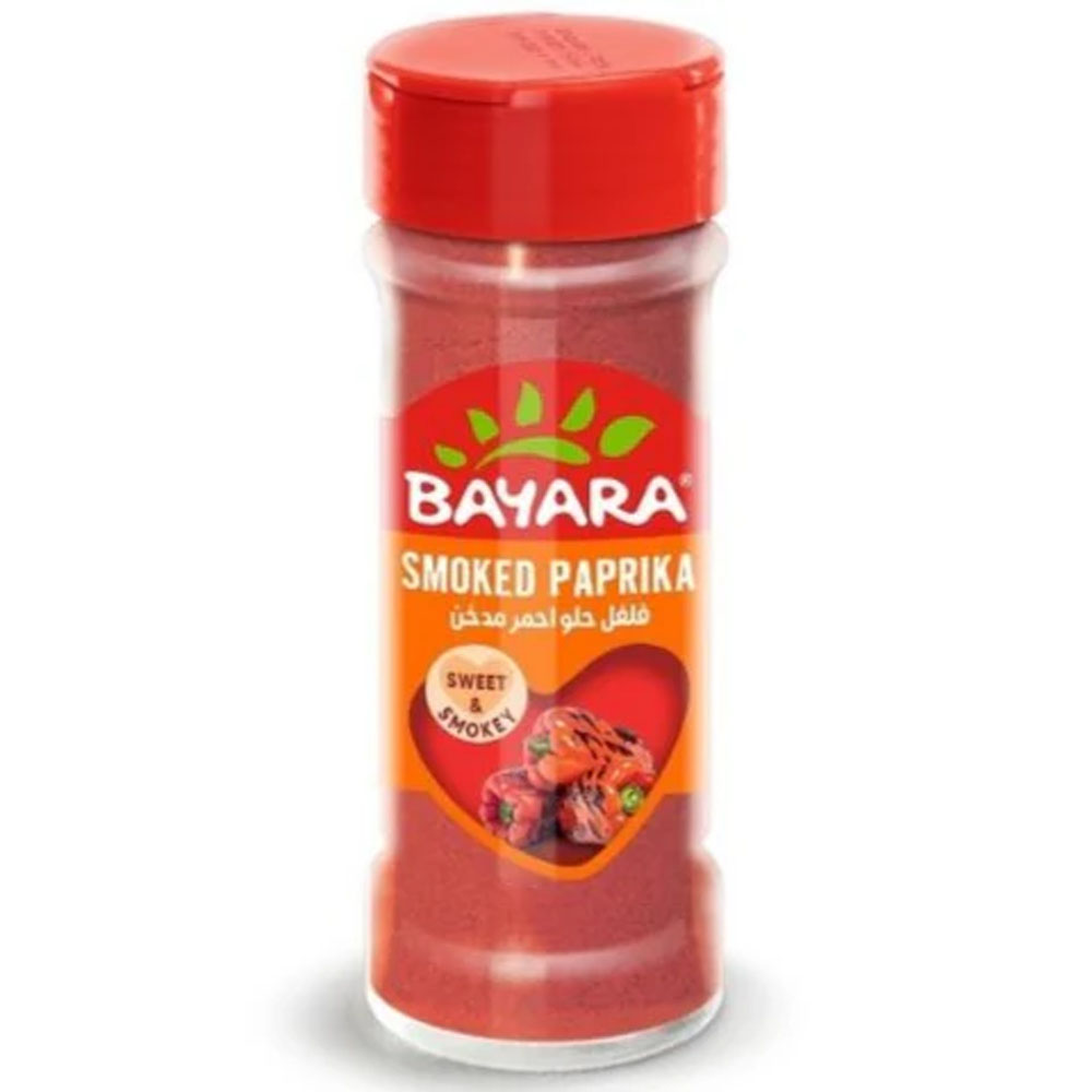 Smoked Paprika 100ml (30g) A 100ml shaker jar of Bayara Smoked Paprika showing the deep red ground spice and a "Sweet & Smokey" label.