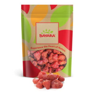 A 250g stand-up pouch of Bayara Dried Strawberries with a colorful leaf design and a window showing bright red dried fruit.