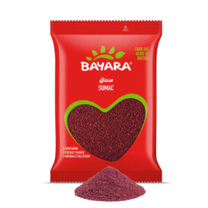 A 200g red bag of Bayara Sumac Turkey showing deep red ground spice through a heart-shaped window.