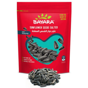 A red 100g resealable bag of Bayara Salted Sunflower Seeds with a heart-shaped window showing black and white striped seeds.