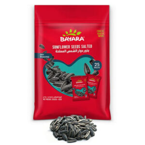 A large red bag of Bayara Sunflower Seeds Salted containing 25 individual 25g pouches.