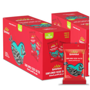 A 50g red pack of Bayara Salted Sunflower Seeds showing roasted seeds through a heart-shaped window.