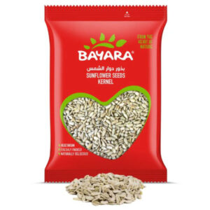 A red 200g bag of Bayara Sunflower Seeds Kernel with a heart-shaped window showing many shelled sunflower kernels.