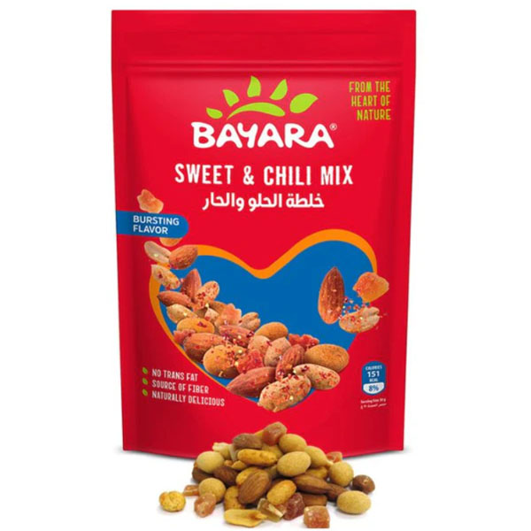 Sweet & Chili Mix 200g A red 200g pouch of Bayara Sweet & Chili Mix showing a variety of spiced nuts and dried fruits with a "Bursting Flavor" label.