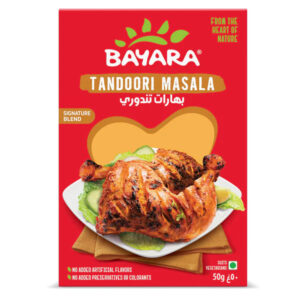 A 50g red box of Bayara Tandoori Masala featuring a picture of grilled tandoori chicken.