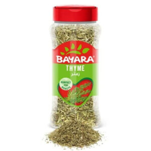 A 330ml shaker of Bayara Thyme with a red lid and a green label showing a bunch of fresh thyme.
