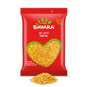 A 400g red bag of Bayara Toor Dal showing bright yellow split peas through a heart-shaped window.