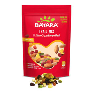 A 200g red resealable bag of Bayara Trail Mix showing almonds, pistachios, and dried fruits through a heart-shaped window.