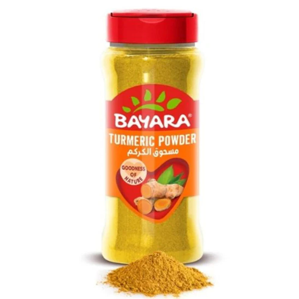 Turmeric Powder 330ml (185g) A 330ml shaker of Bayara Turmeric Powder with a red lid and an orange label showing a fresh turmeric root.