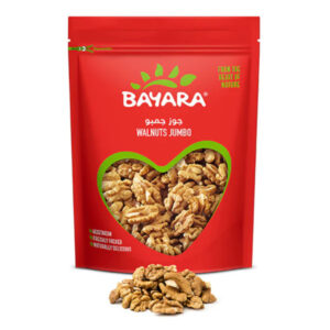 A red 400g pouch of Bayara Walnuts Jumbo with a heart-shaped window showing large whole walnut halves.