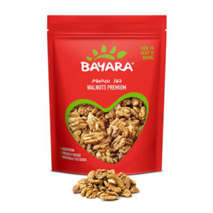 A red 200g resealable bag of Bayara Walnuts Premium with a heart-shaped window showing golden-brown walnut halves