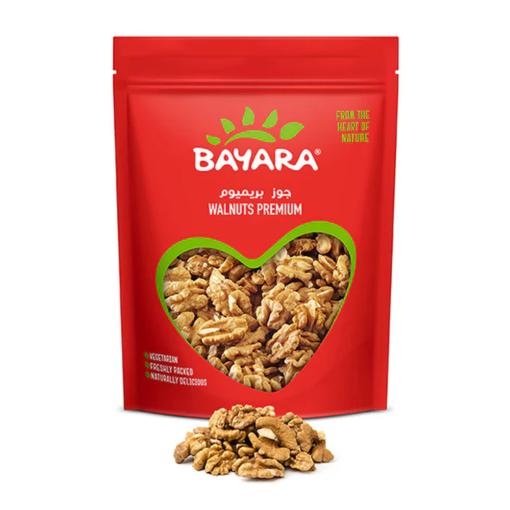 Walnuts Premium 200g A red 200g resealable bag of Bayara Walnuts Premium with a heart-shaped window showing golden-brown walnut halves
