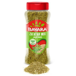 A 330ml shaker bottle of Bayara Za'atar Mix showing green herbs and sesame seeds with a "Tangy & Toasty" label.