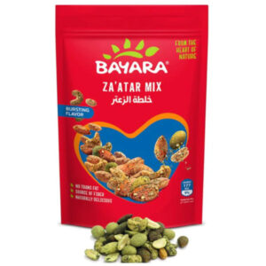 A red 200g pouch of Bayara Za’atar Mix showing seasoned nuts with a "Bursting Flavor" and "No Trans Fat" label.
