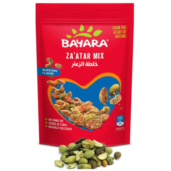 Zaatar Mix 200g A red 200g pouch of Bayara Za’atar Mix showing seasoned nuts with a "Bursting Flavor" and "No Trans Fat" label.