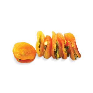A row of bright orange sun-dried Bayara Pistachio-Stuffed Apricots
