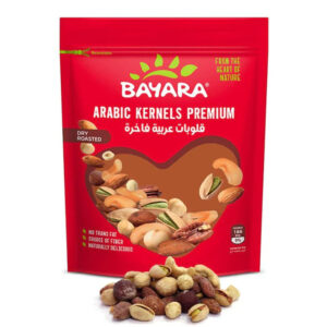 A 300g red resealable pouch of Bayara Arabic Kernels Premium showing a mix of roasted almonds, cashews, and pistachios.