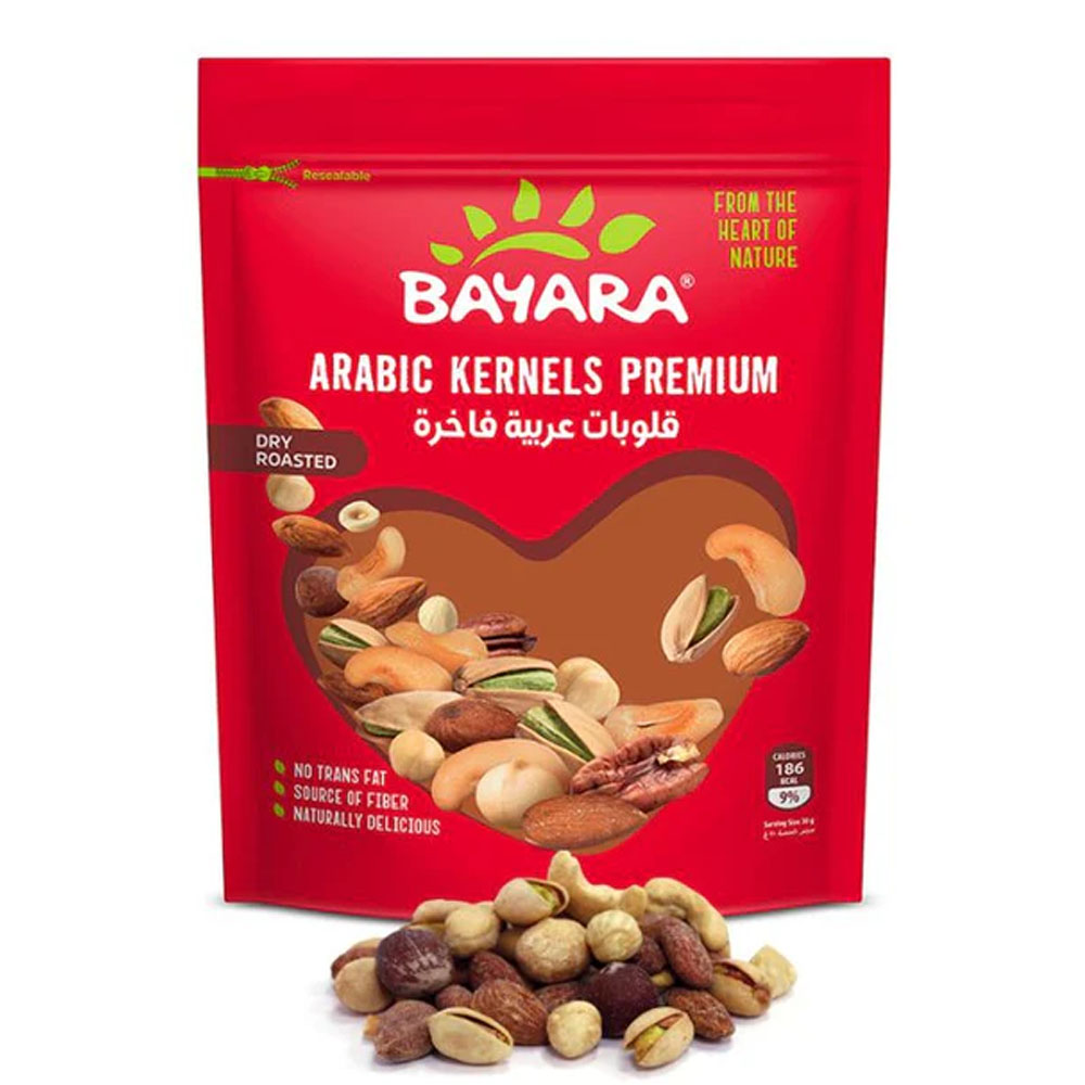 Arabic Kernels Premium 300g A 300g red resealable pouch of Bayara Arabic Kernels Premium showing a mix of roasted almonds, cashews, and pistachios.