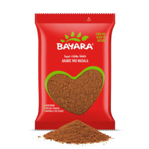 A 200g red pouch of Bayara Arabic Mix Masala showing a finely ground brown spice blend through a heart-shaped window.