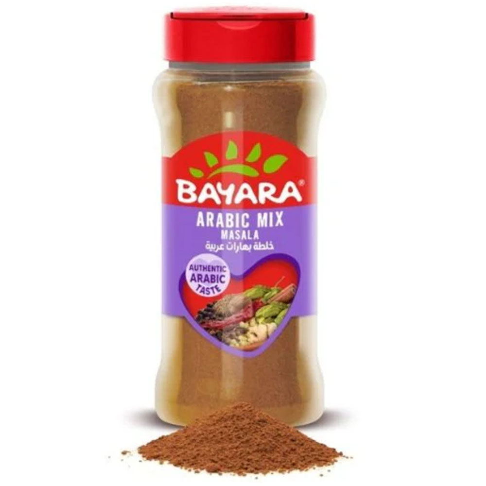 Arabic Mix Masala 330ml (135g) A large 330ml shaker bottle of Bayara Arabic Mix Masala with a red cap and a purple label showing various whole spices.