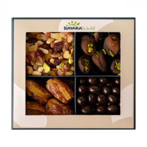 A Bayara Assorted Dried-Fruits & Chocolates 465g gift box with four compartments showing a fruit/nut mix, pistachio-stuffed dates, orange-peel-stuffed dates, and chocolate-coated almonds.